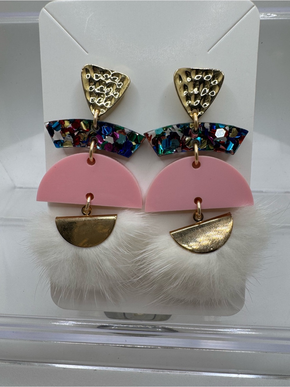 Taylor Shaye Pink & Multicolor Geometric Statement Earrings with White Faux Fur